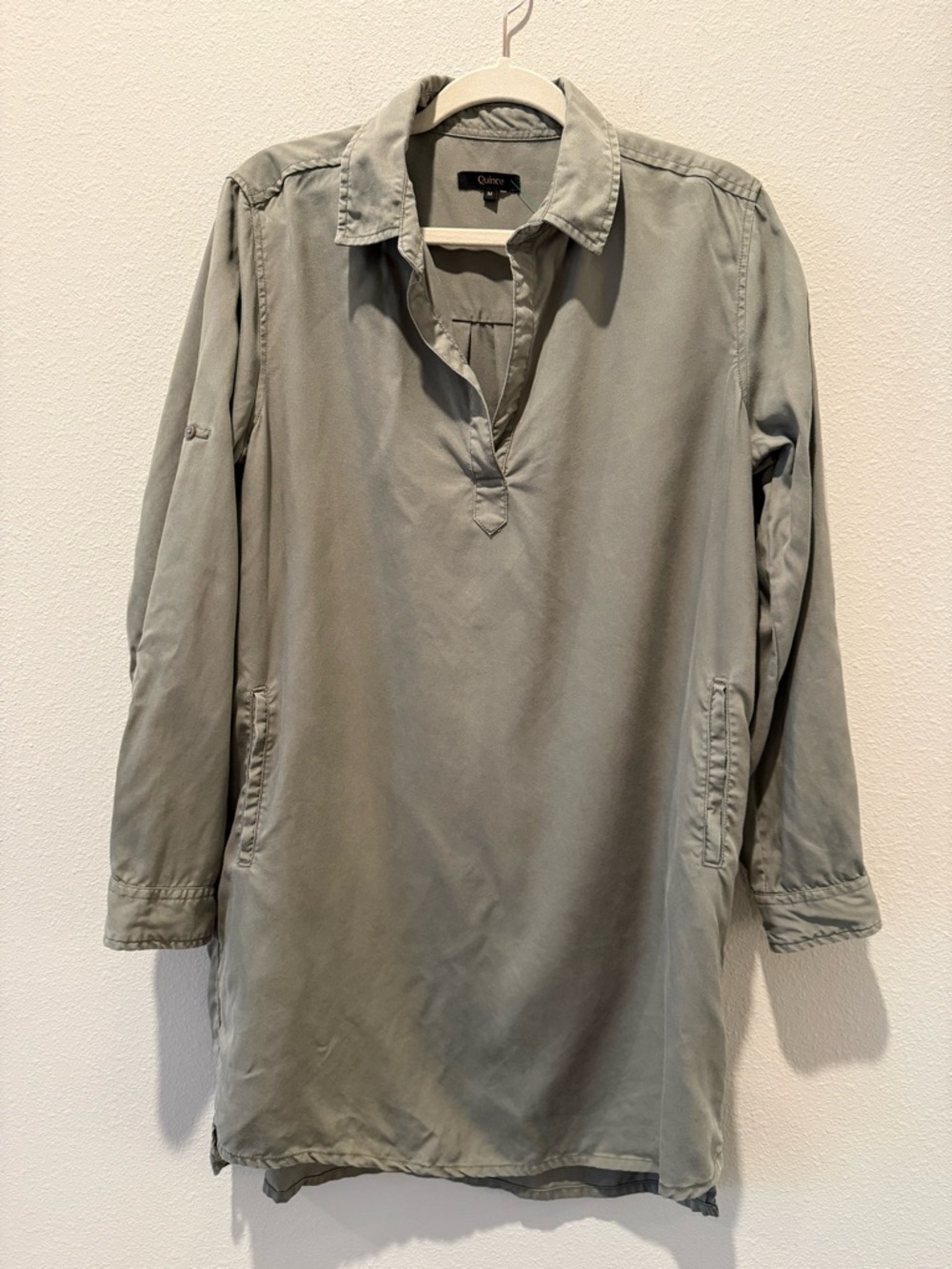 Quince Olive Gray Vintage Wash Tencel Roll Sleeve Tunic Dress Medium - Picture 5 of 11